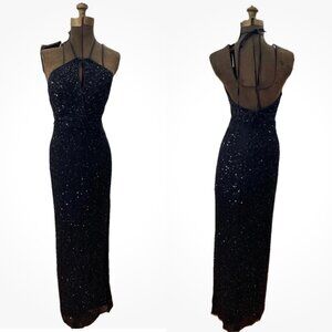 Vintage Scala Gown Full Length Beaded Silk Dress Black Small Side Slit